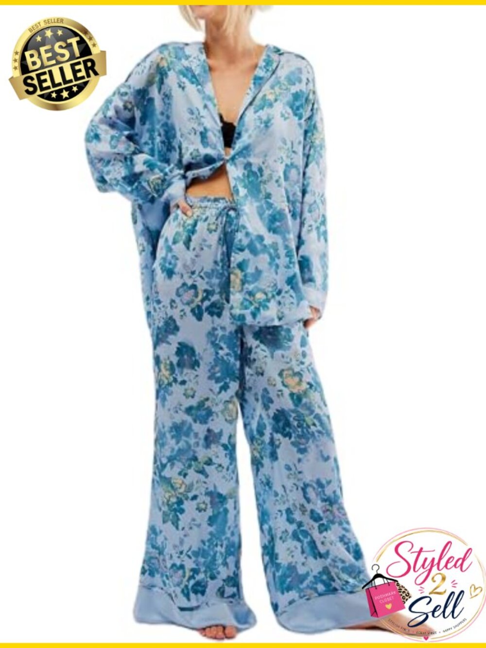 Women Satin Pajama Set Floral Button Down Shirt Wide Leg Pants 2 Piece Silk Pjs